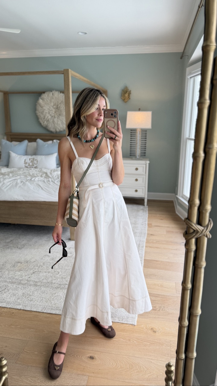 an easy friday lunch outfit! this white denim midi is the most perfect dress for summer - it can easily be dressed up or down and is soo flattering. layered my favorite Susan Shaw necklace with this fun heart pendant and finished off the look with my favorite crochet flats and mini raffia tote from my collection with j. lowery 💫 wearing a size xs dress!

#LTKSeasonal #LTKootd
