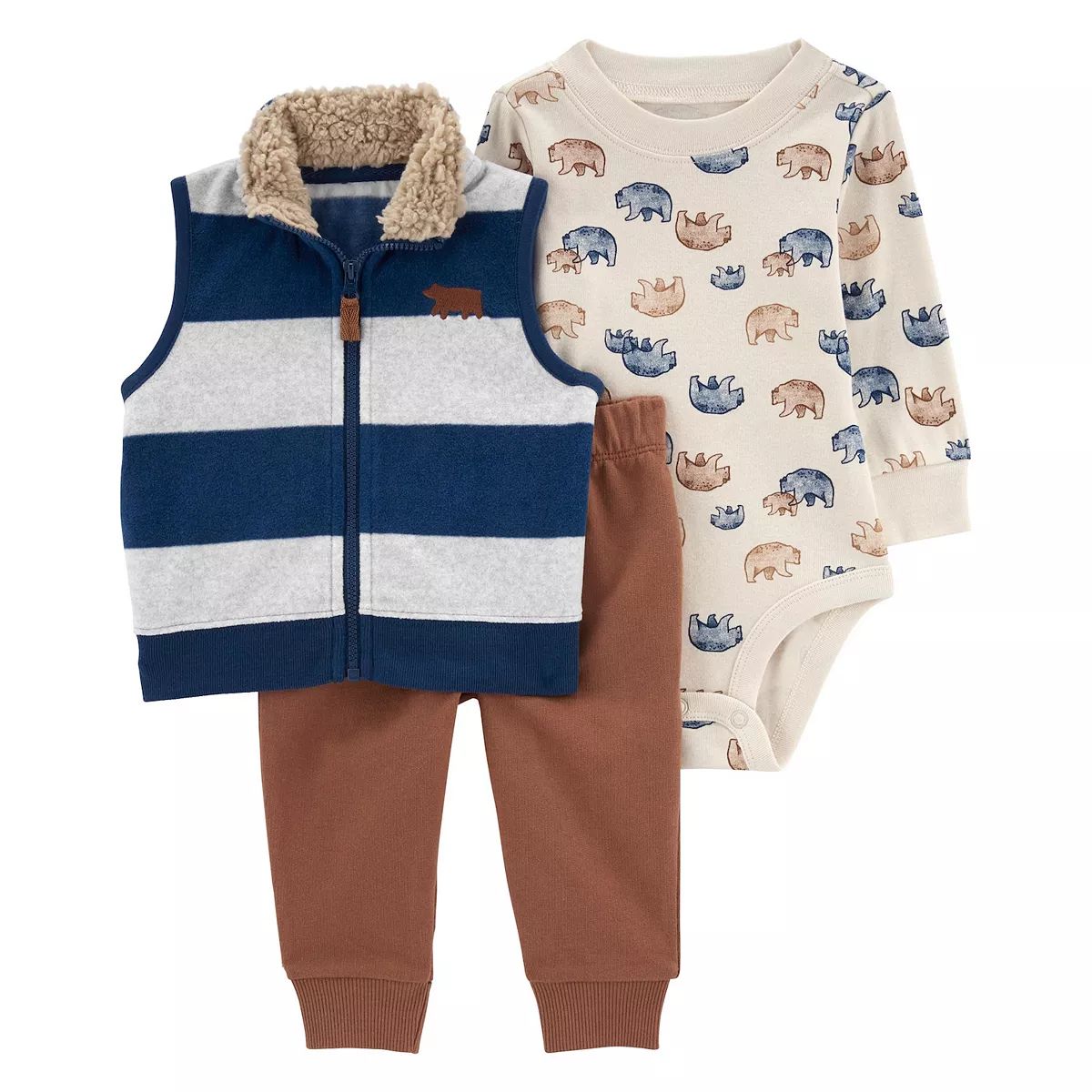 Baby Boy Carter's Striped Vest, Bear Print Bodysuit, & Jogger Pants Set | Kohl's