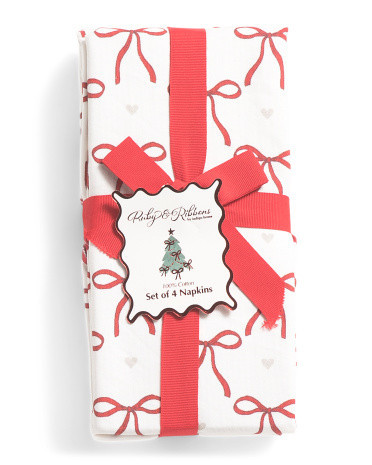 Set Of 4 Bows And Hearts Scalloped Napkins, Cotton | TJ Maxx
