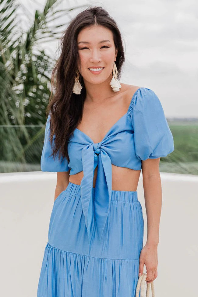 Cherished Songs Blue Cropped Tie Front Blouse | Pink Lily