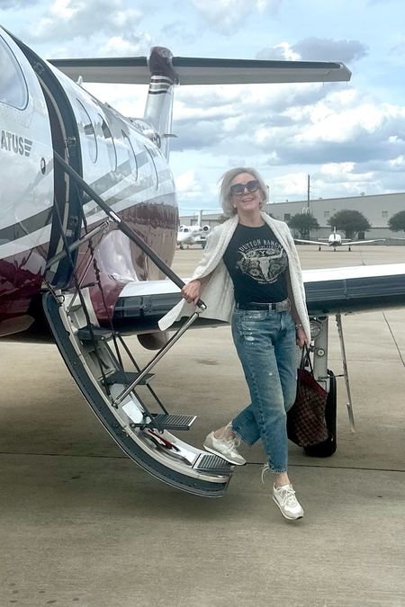 Travel style on a private plane should be casual chic but staying comfortable. I chose my cool @r13 jeans, Dutton Ranch tee shirt, sneakers and my $23.99 cardigan 
#over50 #over60 #travelstyle #premiumdenim 

#LTKsalealert #LTKfindsunder50 #LTKover40