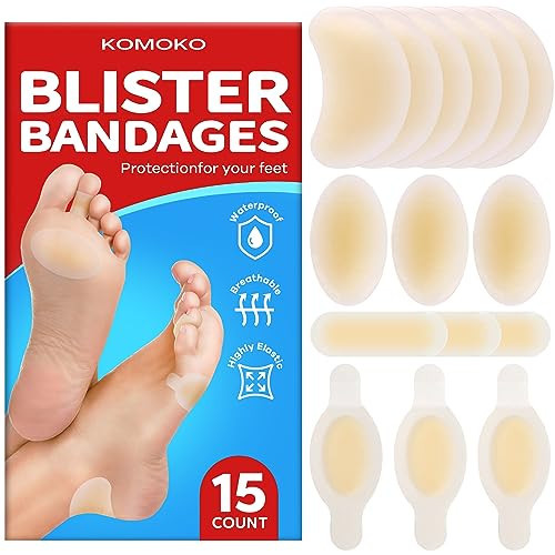Komoko Blister Bandages for Feet (15 Count), Waterproof Hydrocolloid Blister Bandages, Ultra-Thin Adhesive Blister Pads, Blister Band Aid for Fingers, Toes, Forefoot, Heel Blister Prevention | Amazon (US)