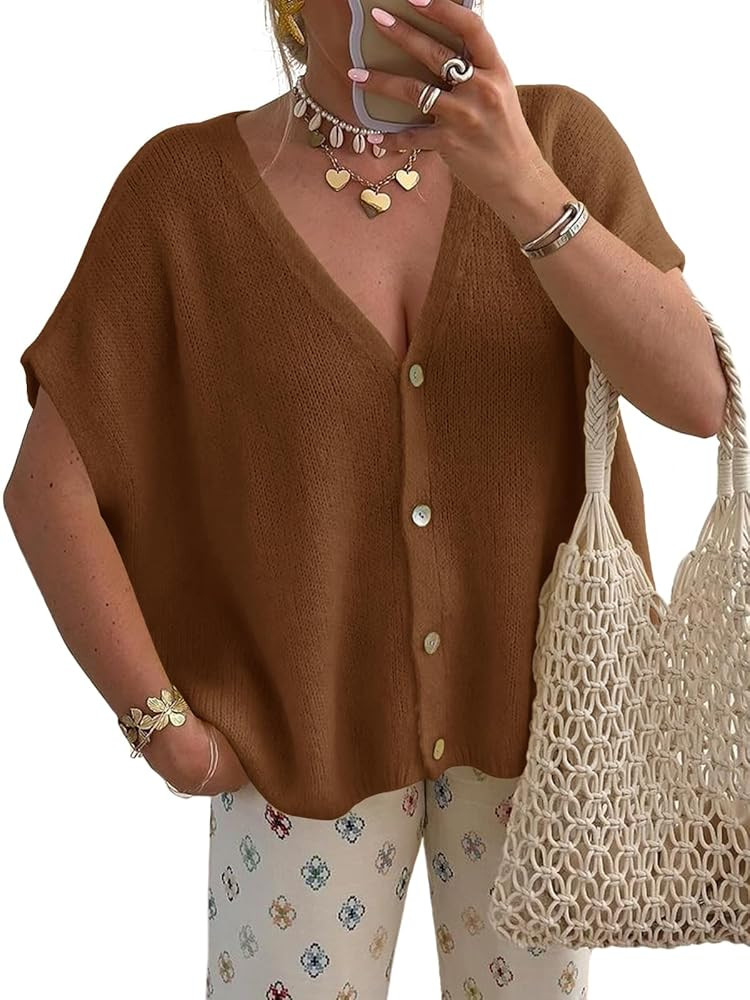 Saodimallsu Womens Summer Oversized Cardigans Batwing Short Sleeve Lightweight Button V Neck Casu... | Amazon (US)