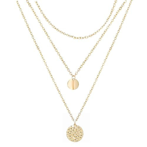 VSPDVO 3 Row Necklace Gold Choker Layered Circle Full New Crescent Moon Coin Pendant 14K Gold Plated Dainty Simple Jewelry for Women Gift | Amazon (US)