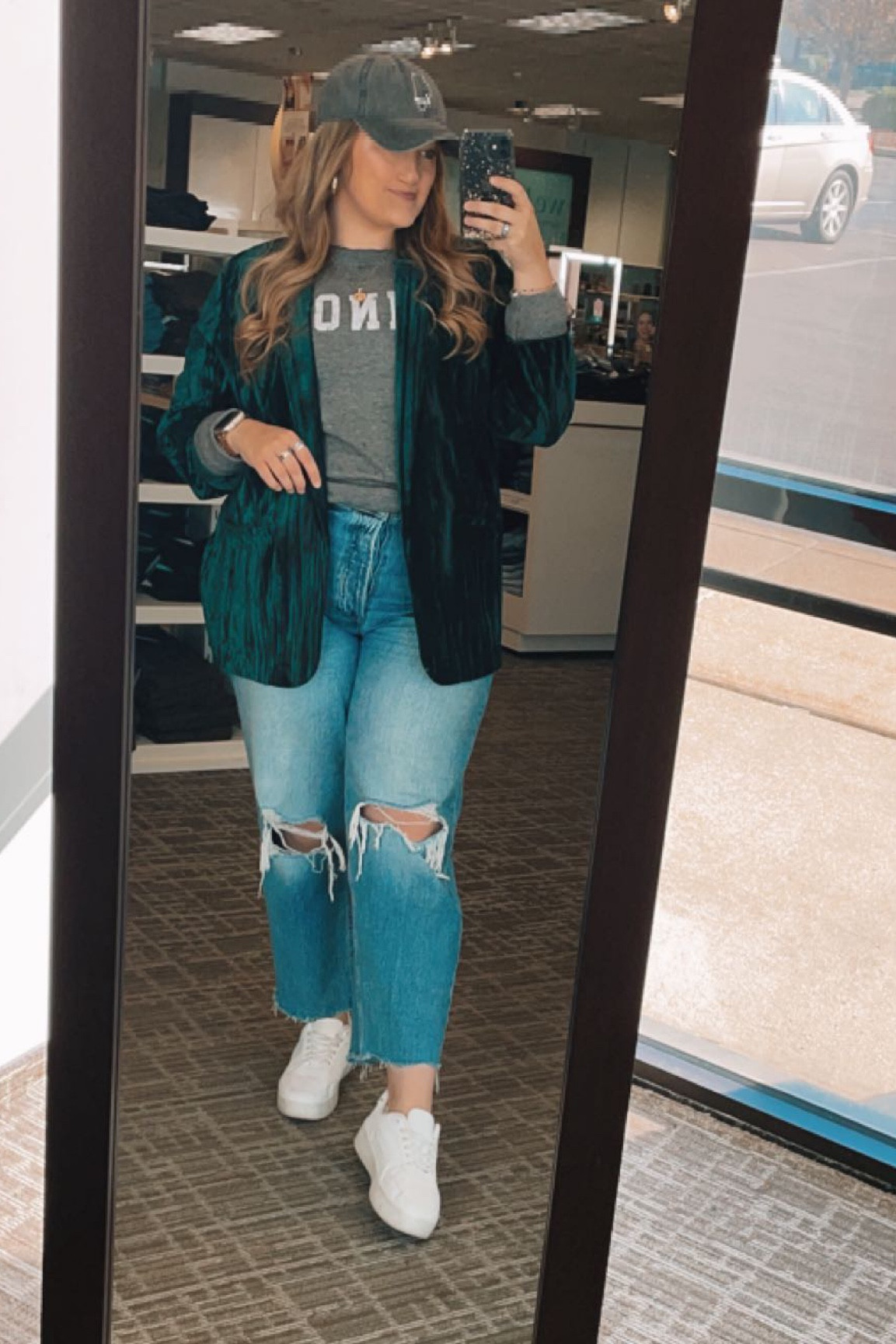 Sporty chic outfit! Velvet blazer with a baseball cap, sweatshirt and straight leg vintage inspired jeans! Pair with white sneakers! 

#LTKmidsize #LTKfindsunder100 #LTKHoliday