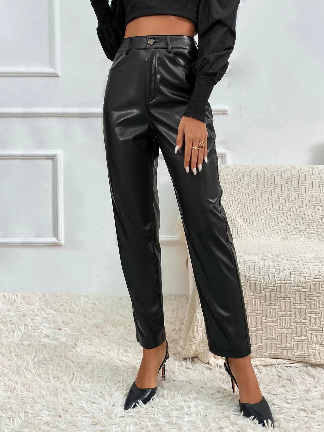 SHEIN BAE High Waist PU Leather Pants | SHEIN