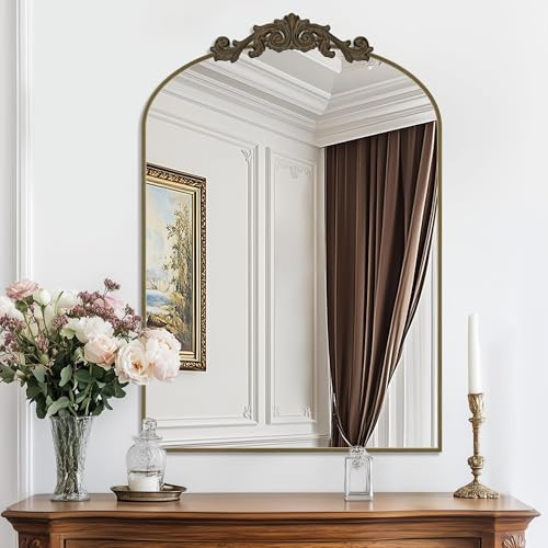 LadyNow Arched Wall Mirror, 24" x 36" Vintage Carved Bathroom Mirror with Antique Bronze Aluminum Frame, Retro Decorative Wall Mirror for Bedroom, Living Room, Entryway, Fireplace & Hallway | Amazon (US)