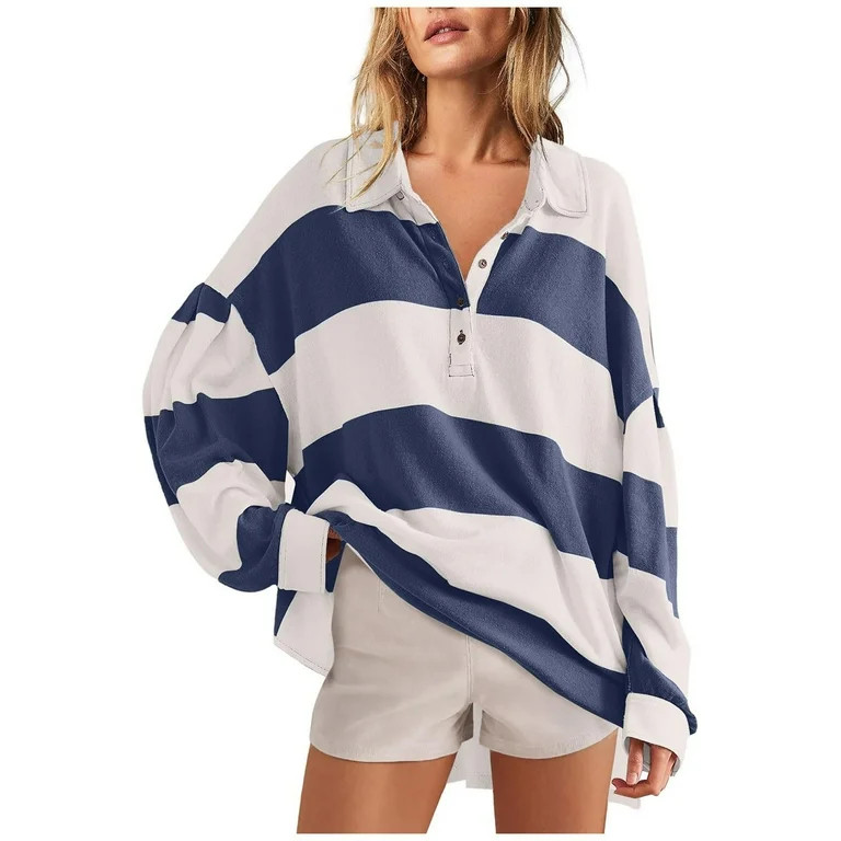 Women Summer Tops Oversized Sweatshirts Women Fall Button Lapel Hoodies Long Sleeve V Neck Stripe... | Walmart (US)