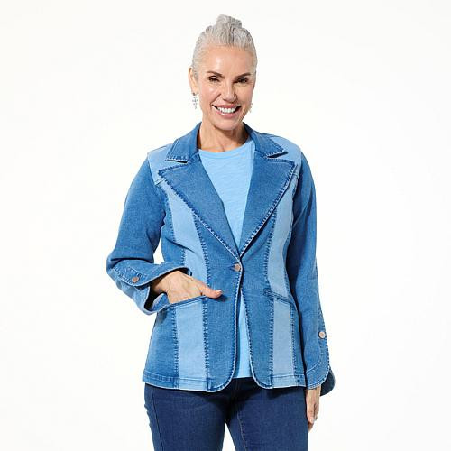 DG2 by Diane Gilman New Classic Stretch Denim Colorblock Blazer - Blue - Size 1X | HSN