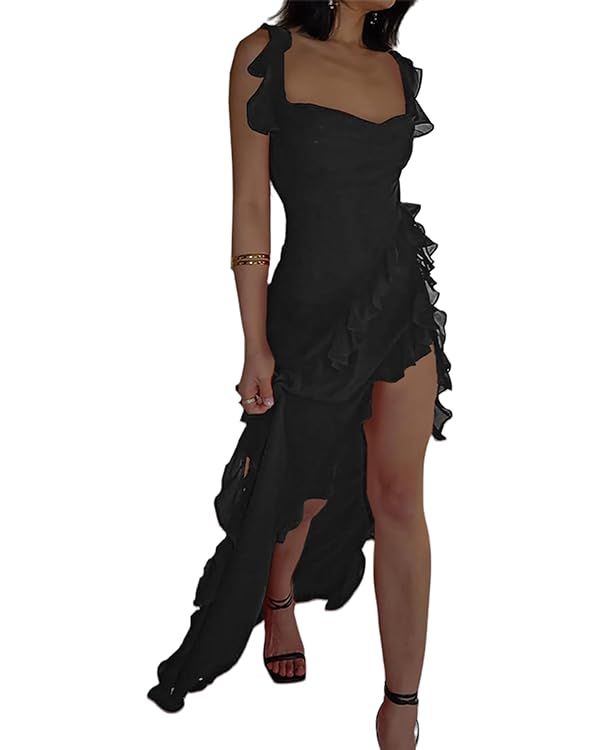 Womens Spaghetti Strap High Slit Bodycon Maxi Dress Square Neck Backless Party Club Dress | Amazon (US)