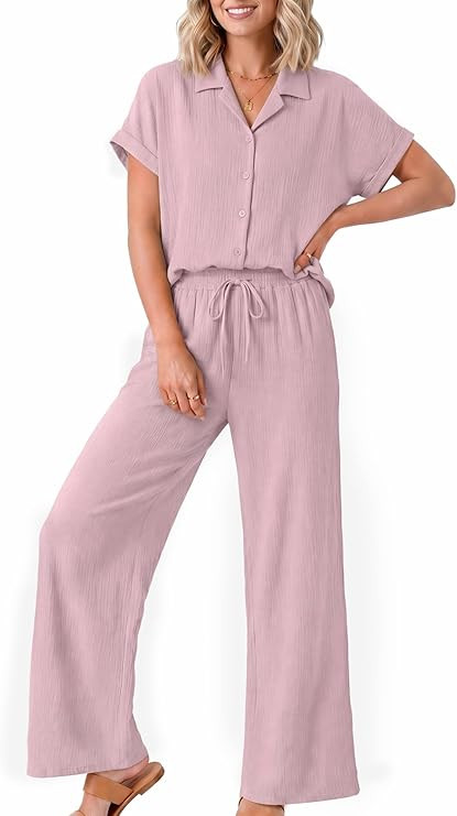 Casly Lamiit Two Piece Sets for Women Summer Beach Vacation Outfits Button Down Shirts Wide Leg P... | Amazon (US)