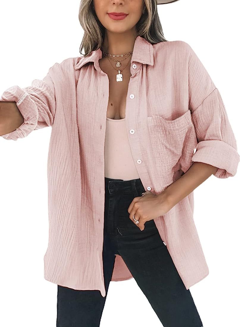 Dokotoo Womens Color Block Button Down Shirts Long Sleeve Oversized Boyfriend Blouses Tops | Amazon (US)