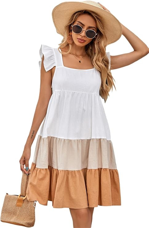 Floerns Women's Square Neck Ruffle Trim Cap Sleeve Tie Back A Line Short Dress | Amazon (US)