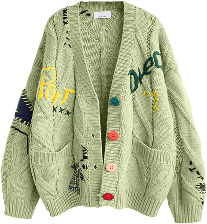 Women's Cable Knit Long Sleeve Open Front Cardigan Sheep V-Neck Button Down Embroidery Wool Blend... | Amazon (US)