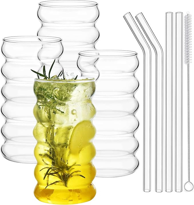 ALINK Ribbed Drinking Glass Cups with Straws Set of 4, 16 oz Aesthetic Iced Coffee Glasses, Wave ... | Amazon (US)