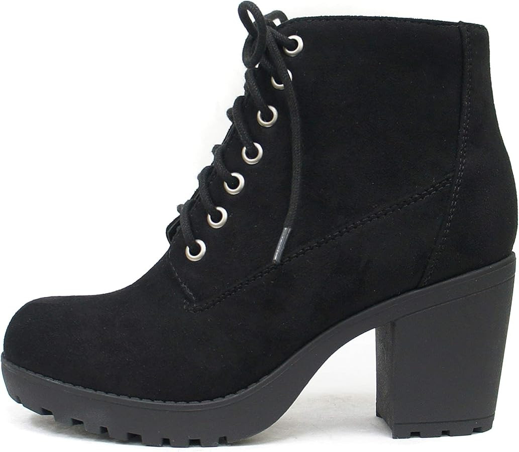 Soda Second Lug Sole Chunky Heel Combat Ankle Bootie Lace up w/Side Zipper | Amazon (US)