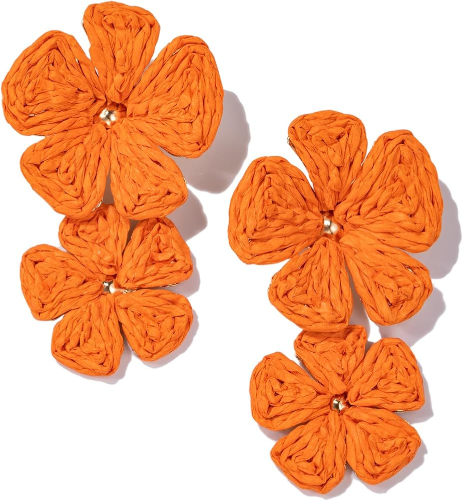 Flower Drop Earrings Floral Raffia Earrings Boho Statement Dangle Earrings Trendy Cute Summer Jew... | Amazon (US)