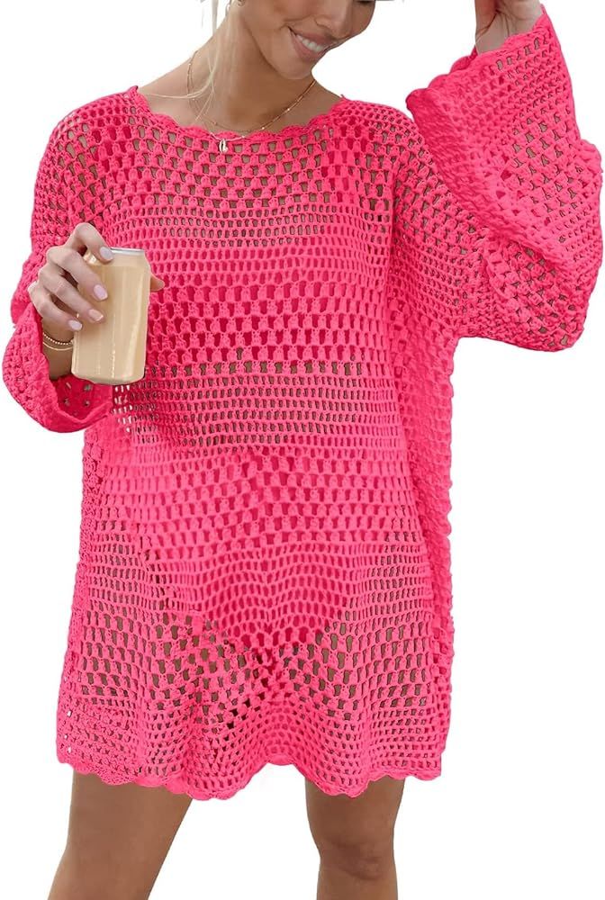 alkeertwyu Women Swimsuit Crochet Swim Cover Up Summer Bathing Suit Swimwear Knit Pullover Beach ... | Amazon (US)