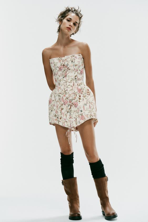 Zara - Floral Print Strapless Dress - Only One - L - Woman | Zara UK