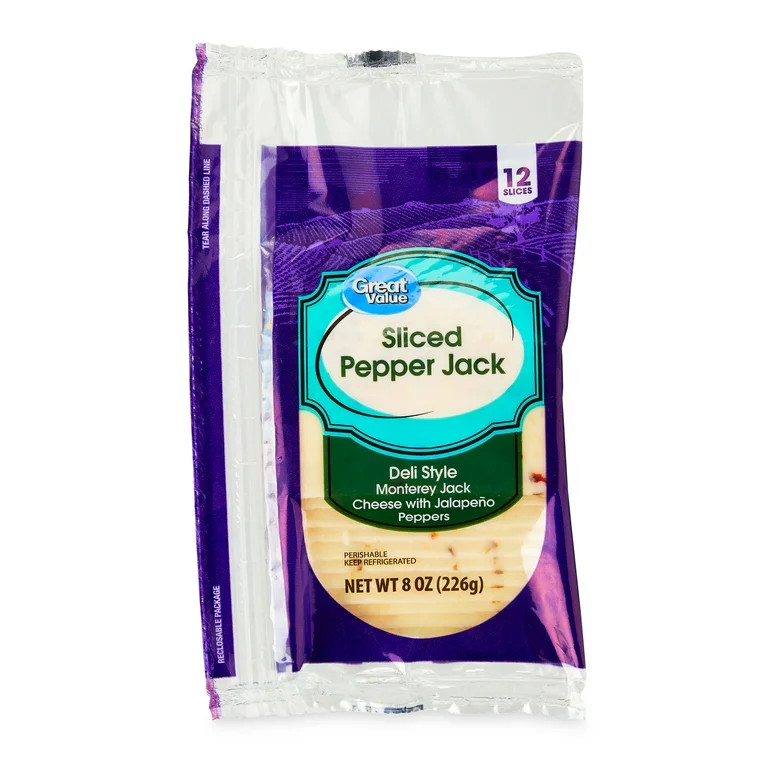 Great Value Pepper Jack Deli Style Sliced Cheese, 8 oz Package, 12 Slices | Walmart (US)