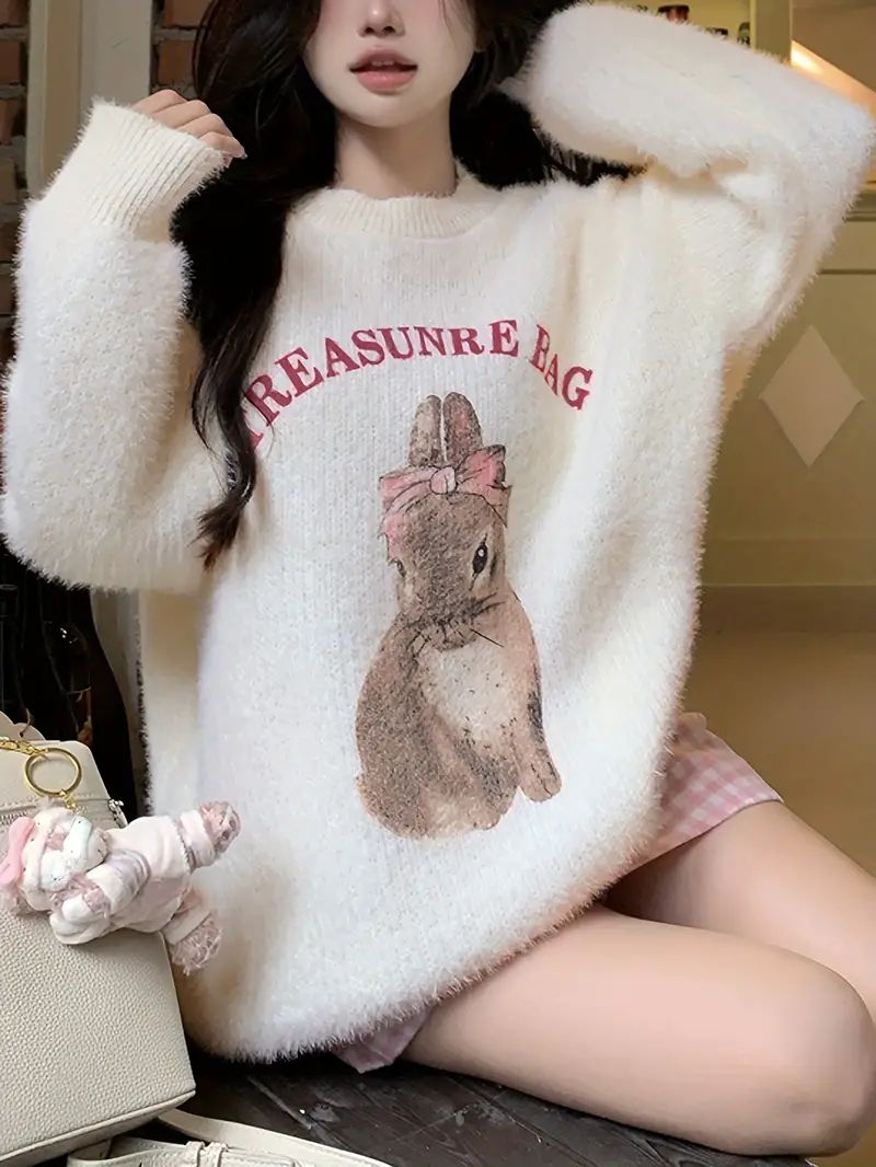Rabbit Letter Pattern Knitted Sweater Casual Crew Neck Long - Temu | Temu Affiliate Program