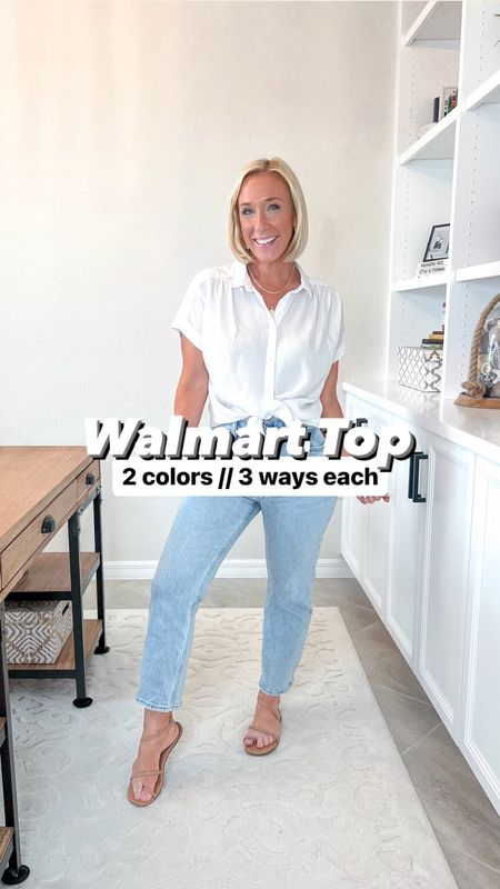 Walmart top: 2 colors // 3 ways each:
• chambray & white tops - both size small. Soft & comfortable material.
• jeans - size 26 short.
• trousers - size small.
• short skirt - size medium. (Has attached shorts).
• maxi skirt - size XS petite.
• jean shorts - size 28.
• red shorts - size medium.

#LTKVideo #LTKSeasonal #LTKfindsunder50