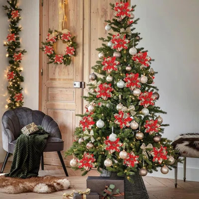 24 Pcs Red Gold Poinsettia Artificial Christmas Flowers 5.5" Glitter Poinsettias Christmas Decorations Tree Flower With Stems & Clips For Wreath Xmas | Wayfair North America