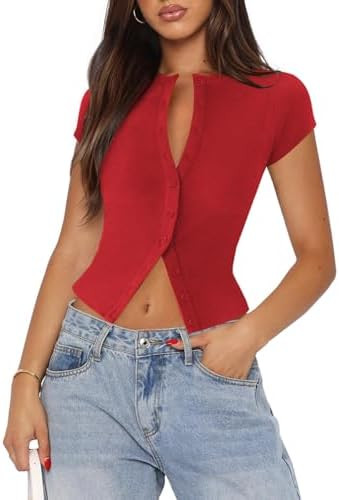 Women's Button Down Shirt Cap Sleeve Tops for Women Button Up Ribbed Knit Slim Fit Casual Y2K Cro... | Amazon (US)
