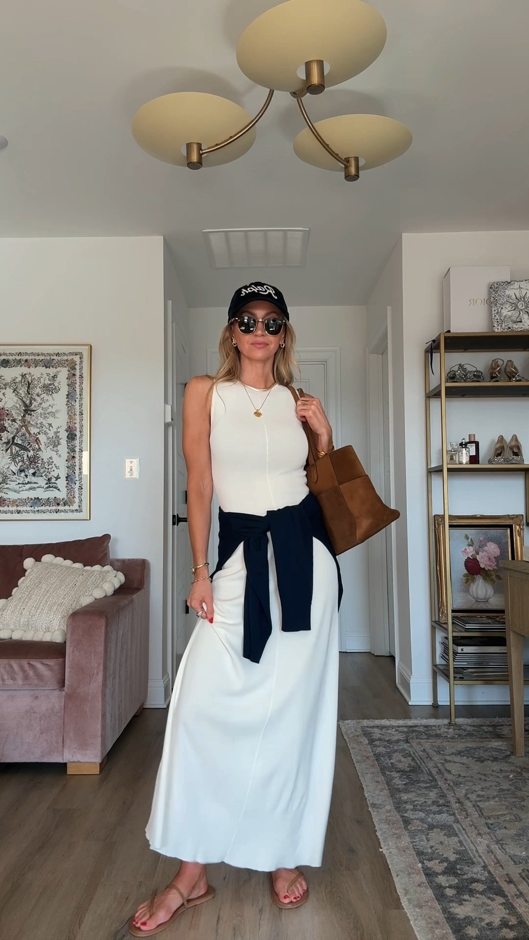 Easy spring outfit 
Cream sleeves knit maxi dress: runs TTS, Wearing S
Tiny flat minima sandals: run small, order 1 size up 
(Navy corduroy, Ralph, Lauren hat, brown, suede, quince, tote bag, gold coin, necklace, Ray ban sunglasses) 

#LTKgrwm #LTKdayinmylife #LTKSpringSale