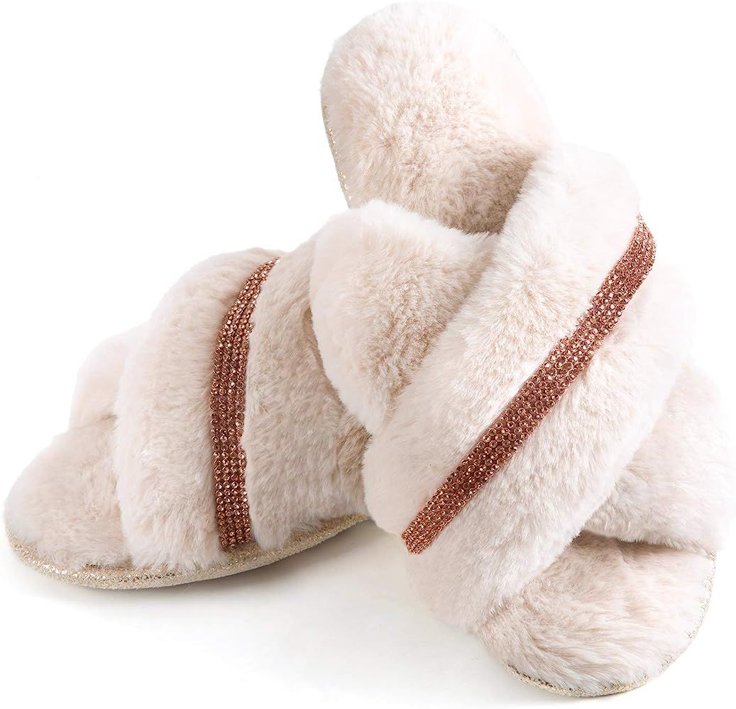 ZIZOR Women's Fuzzy Crossed Memory Foam Open Toe Slippers, Ladies Fluffy Rhinestone Embellished S... | Amazon (US)
