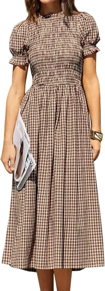 RIHOAS Women Shirred A-Line Midi Dress Summer Dresses Puff Short Sleeve Smocked Flowy Ruffle Boho... | Amazon (US)