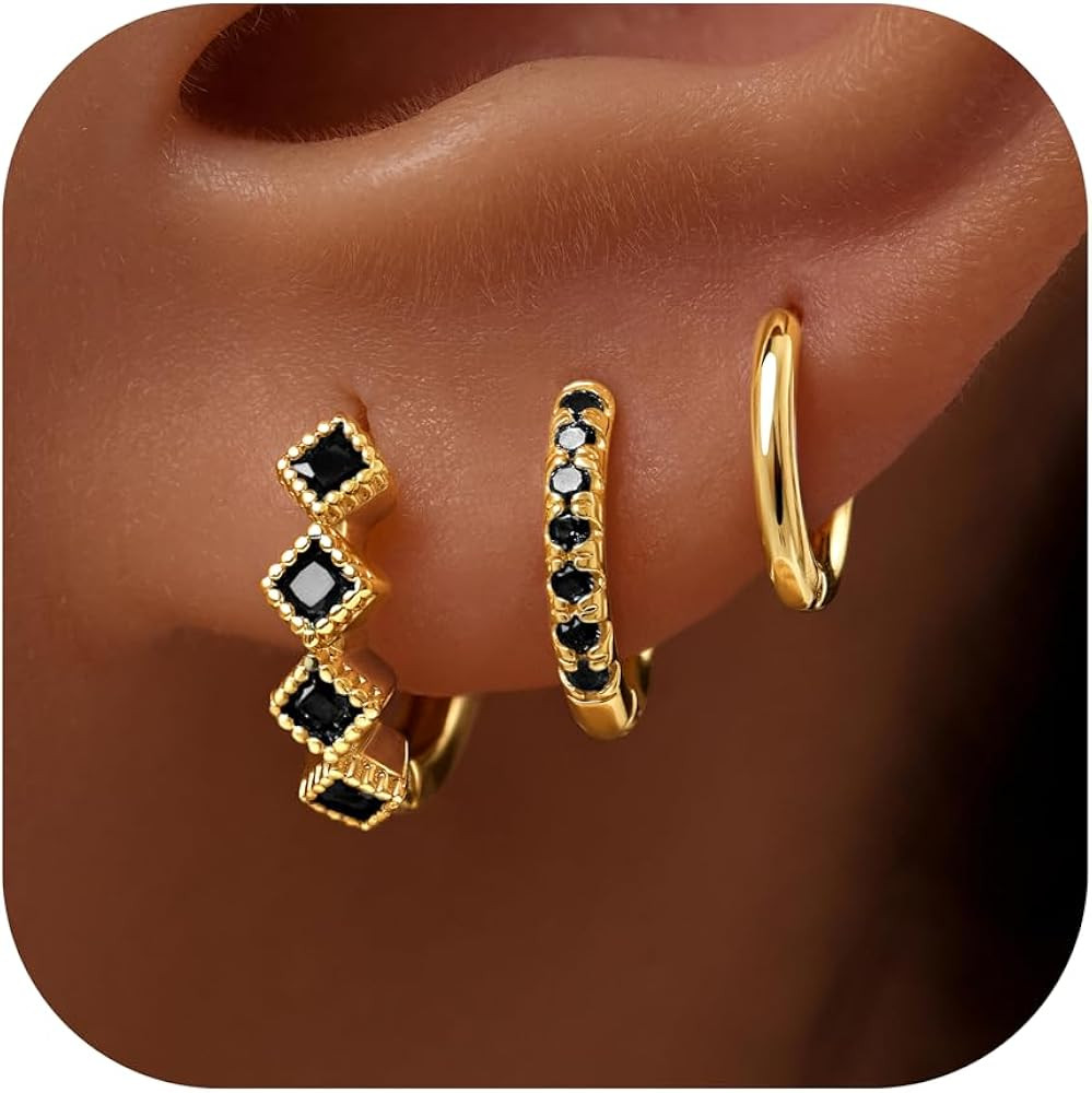 3 Pairs Gold Green Huggie Earrings for Women Stackable, Small Dainty Cartilage Helix Hoops & Hypo... | Amazon (US)