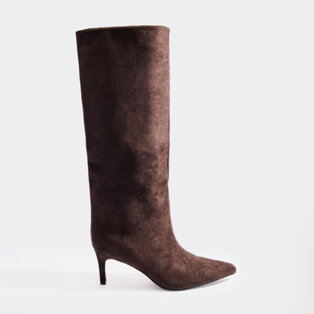 Nightly Pointed Toe Knee High Kitten Heel Boot In Brown Faux Suede | EGO (UK)