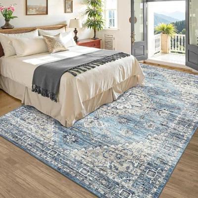 Washable Rugs Area Rugs for Living Room, Vintage Blue Floral Bedroom Rugs Indoor Accent Large Carpet Table Soft Non Slip Retro Floor Cover | Wayfair North America