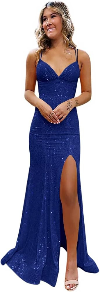 Tianzhihe Sparkly Sequin Prom Dresses with Slit Long Spaghetti Straps V Neck Mermaid Formal Dress... | Amazon (US)