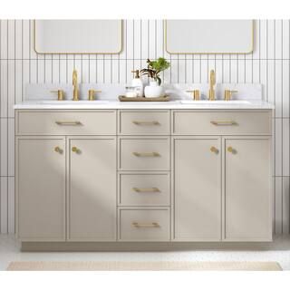 Marcote 60 in W x 20 in D x 35 in H Double Sink Bath Vanity in Greige With Engineered Volakas Marble Vanity Top | The Home Depot