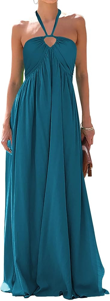 Maxi Dresses for Women Sexy Halter V Neck Backless Smocked High Waisted A Line Beach Vacation Sun... | Amazon (US)