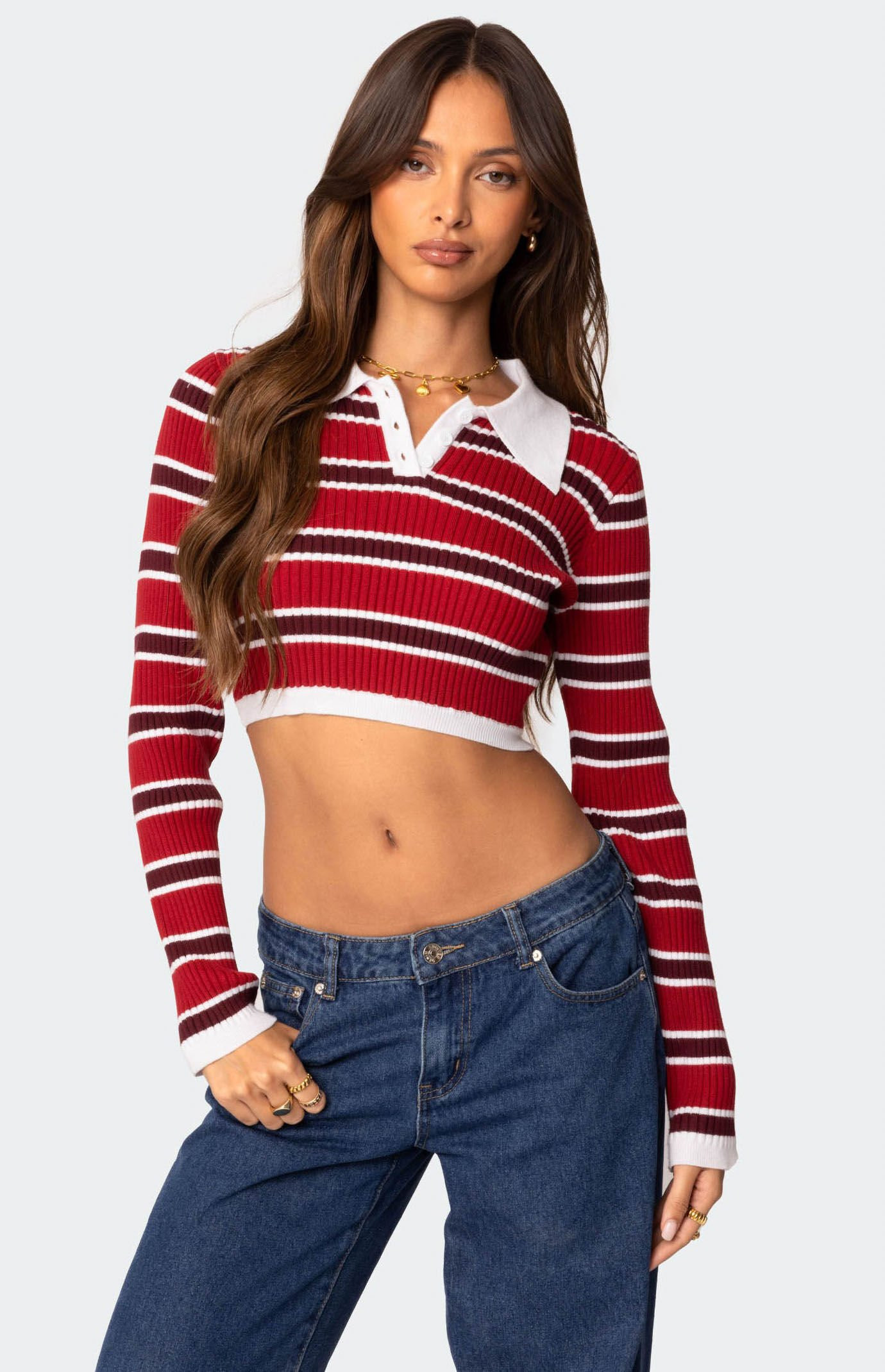 Edikted Women's Collared Stripey Ribbed Crop Top - Size Medium | PacSun