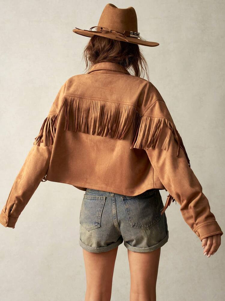Bohemela Vacation Casual Solid Woven Fringe Embellished Turndown Collar Loose Short Women Jacket | SHEIN