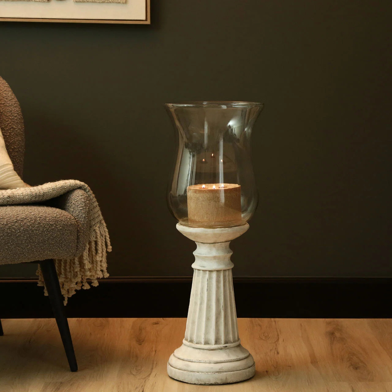 Dianella Antique White Natural Stone Hurricane Candle Holder, Glass Tabletop Candlestick Holders | Wayfair UK