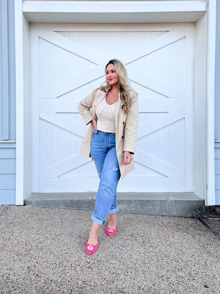 Casual late fall Inspo outfit. I love wearing pointed toe sling backs with straight leg jeans. Slightly adds a touch of elegance to a casual look. I’ve been wearing this petite length waterproof trench coat.

#LTKover40 #LTKworkwear #LTKmidsize