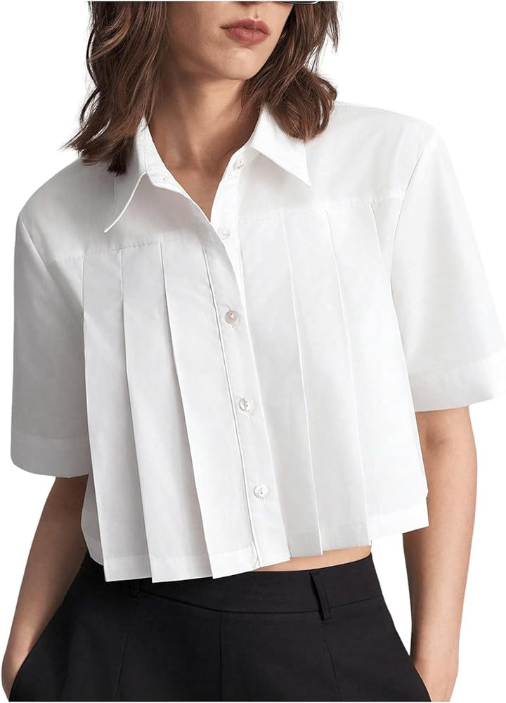 SweatyRocks Women's Pleated Button Down Blouse Short Sleeve Loose Cropped Shirt Tops | Amazon (US)