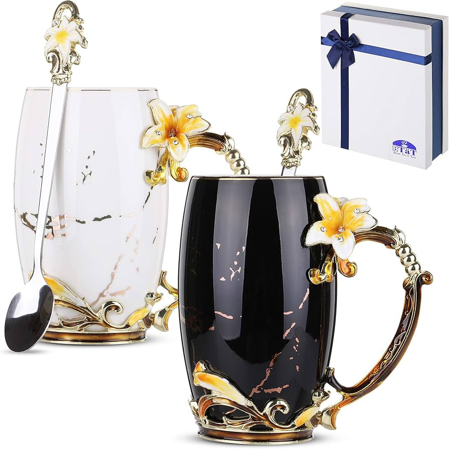 BTaT- Floral Ceramic Mugs with Spoon, Set of 2, Black & White, Fancy Coffee Mugs with Spoon, Chri... | Amazon (US)