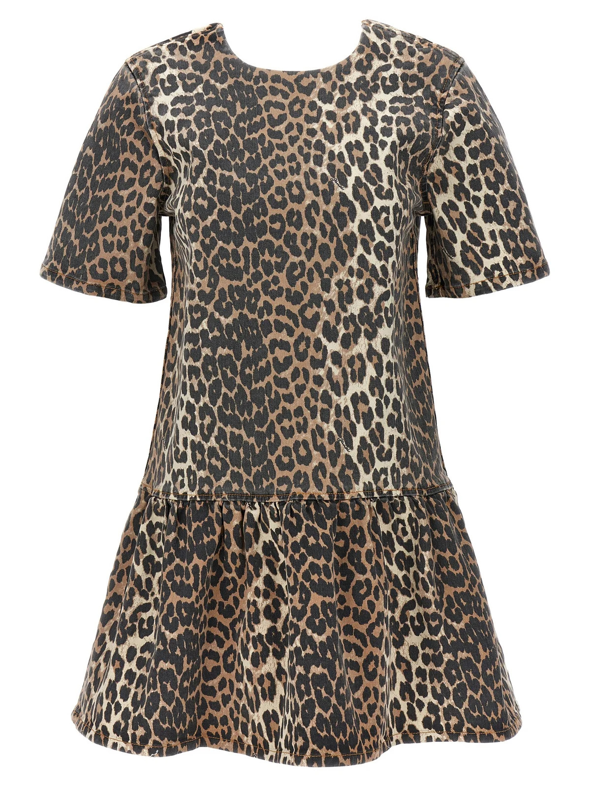 Ganni Leopard Printed Open-Back Mini Denim Dress | Cettire Global