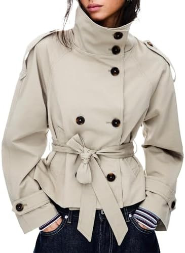 Women's Cropped Trench Coat Double Breasted Short Jacket High Collar Fall Winter Coats Trendy Out... | Amazon (US)