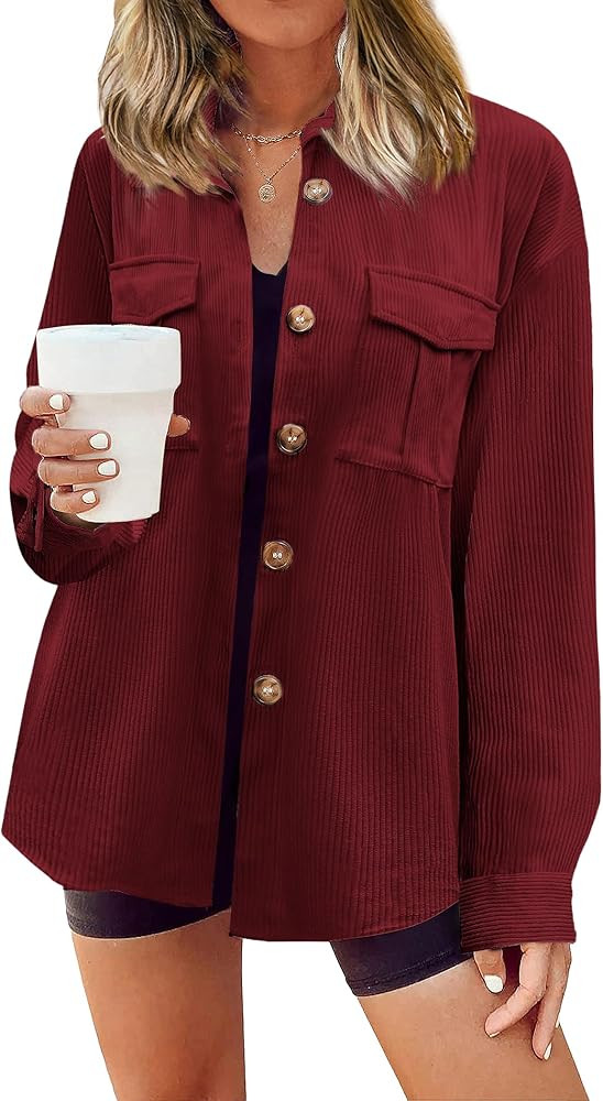 Beyove Women's Corduroy Shirt Long Sleeve Button Down Shacket Jacket Casual Oversized top with Po... | Amazon (US)