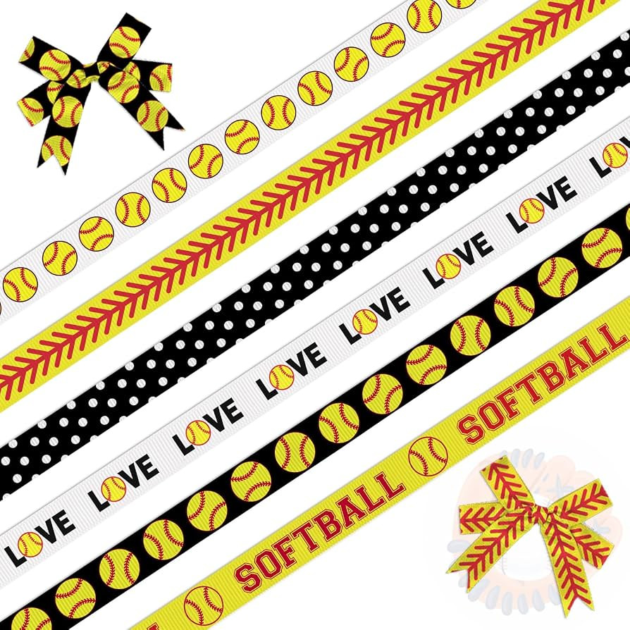 Threetols 6 Rolls 18 Yards Softball Ribbon, 3/8" Black White Dot Grosgrain Ribbons Sport Yellow R... | Amazon (US)