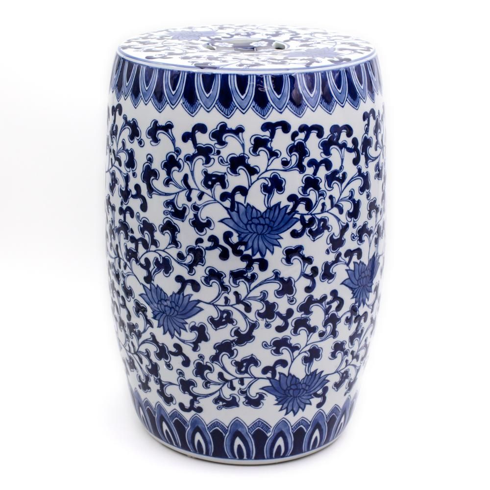 Blue Garden White Lotus Ceramic Drum Stool | The Home Depot