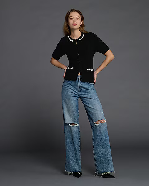High Waisted Medium Wash 50/50 Rigid Stretch Ripped Wide Leg Jeans | Express