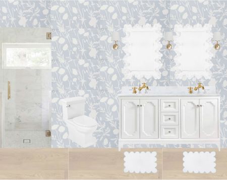 Coastal bathroom with blue floral wallpaper, rattan sconce with scallop shade, scalloped towels, wave bath mat, brass cabinet knobs, modern double vanity